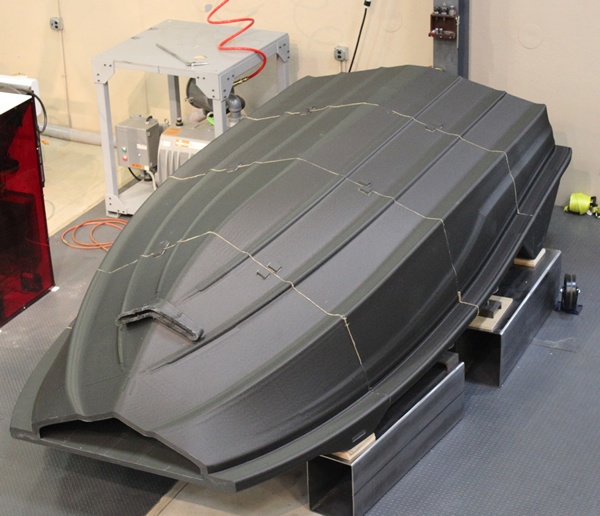 Boat hull pattern after bonding together and before machining Boat hull pattern after bonding together and before machining